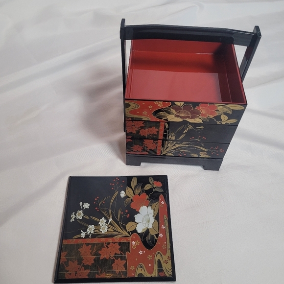 Vintage Japanese Black Laquerware 3 Tier Bento Trinket Box - Picture 4 of 11